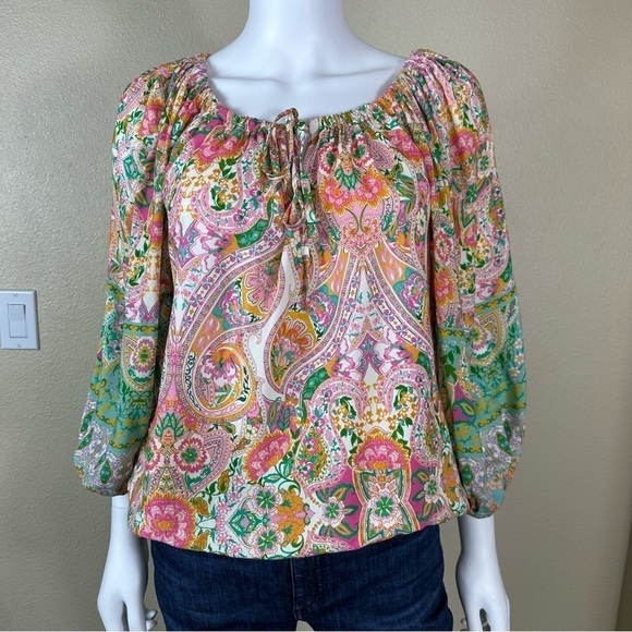 Boston Proper Blouse Sz XS Boho Beach Club Print Blouson - Picture 5 of 12